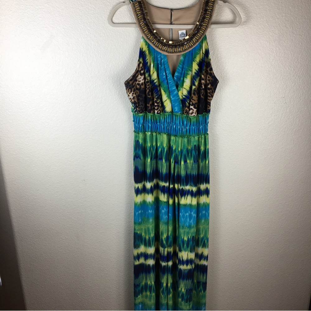 Sangria Women's Beaded Sequined Embellished Abstract Animal Print Maxi Dress 14